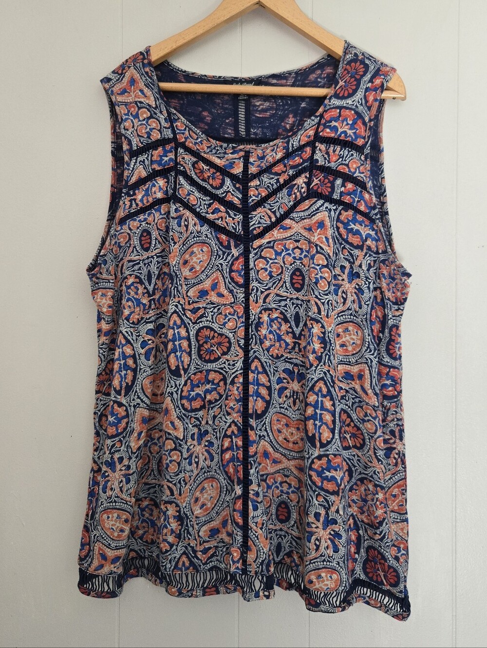 Lucky Brand Sleeveless Top Ladder Lace Boho Print Blue Red 2X Bohemian Festival